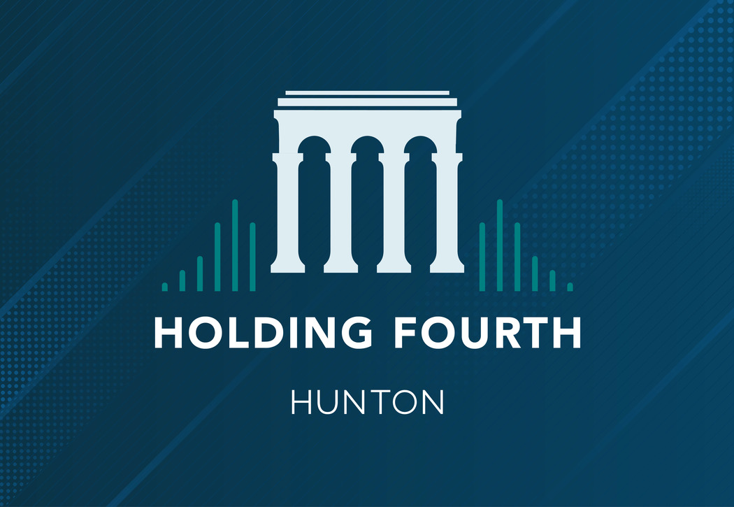 Image: Graphic of textured Blue Box with Four white Columns with Teal vertical lines on both sides and Holding Fourth Hunton in white text