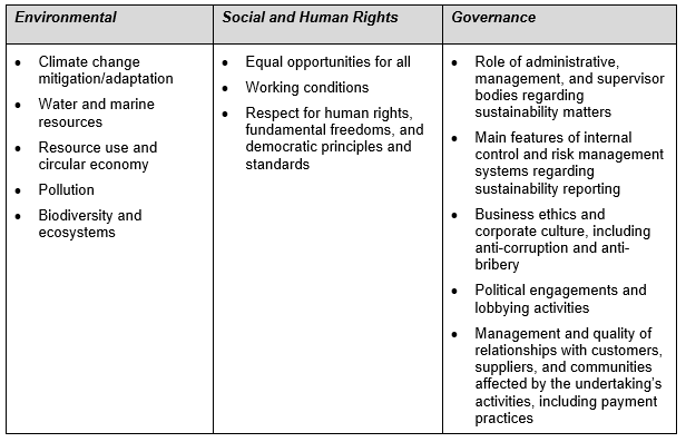 Environmental:
Climate change mitigation/adaptation 
Water and marine resources 
Resource use and circular economy 
Pollution 
Biodiversity and ecosystems

Social and Human Rights:
Equal opportunities for all
Working conditions
Respect for human rights, fundamental freedoms, and democratic principles and standards

Governance:
Role of administrative, management, and supervisor bodies regarding sustainability matters
Main features of internal control and risk management systems regarding sustainability reporting
Business ethics and corporate culture, including anti-corruption and anti-bribery
Political engagements and lobbying activities
Management and quality of relationships with customers, suppliers, and communities affected by the undertaking’s activities, including payment practices